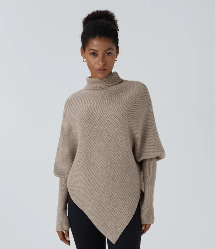 HIGH NECK LONG SLEEVE ASYMMETRIC HEM WORK SWEATER