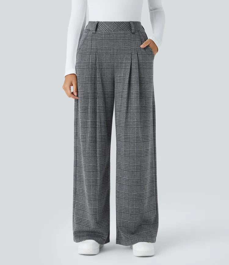 HIGH WAISTED POCKET WIDE LEG HOUNDSTOOTH PLAID CASUAL PANTS