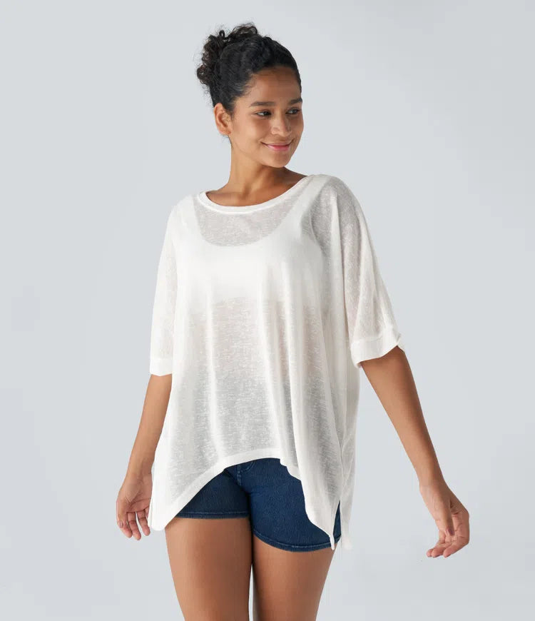 ASYMMETRIC HEM SHEER OVERSIZE CASUAL TOP