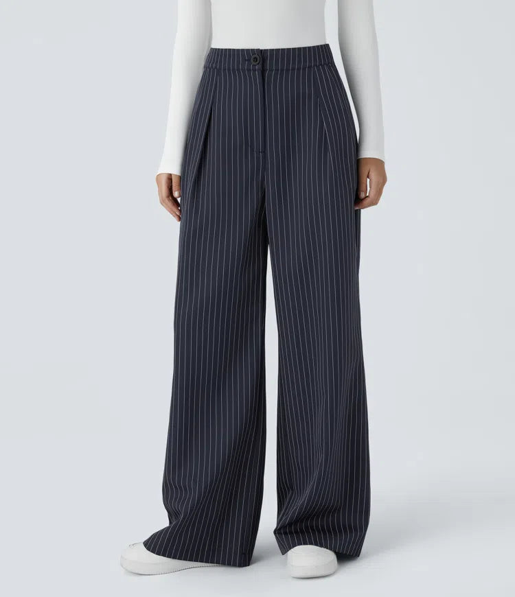 HIGH WAISTED ZIPPER POCKET WIDE LEG STRIPED WORK PANTS