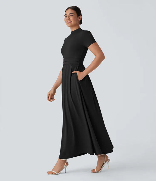 STAND COLLAR SHORT SLEEVE POCKET FLARE MAXI CASUAL DRESS