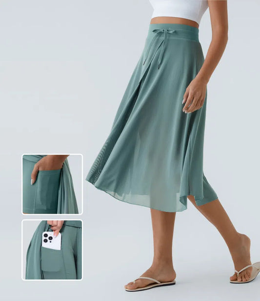 HIGH WAISTED DRAWSTRING CONTRAST MESH 2 IN 1 POCKET FLOWY MIDI FLARE CASUAL SKIRT
