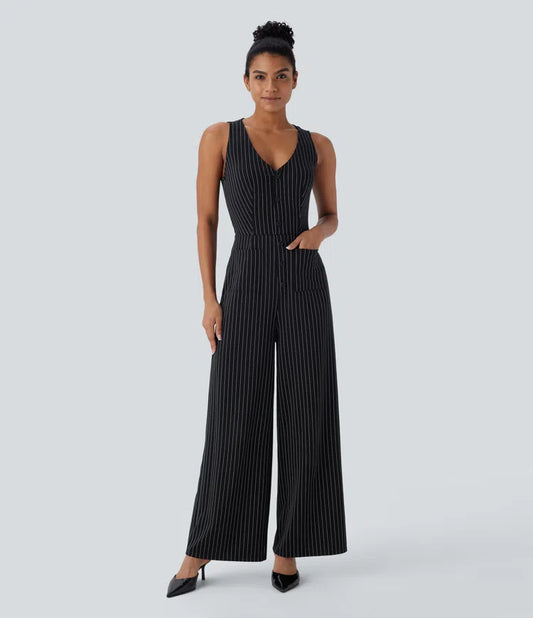 V NECK SLEEVELESS CUT OUT POCKETS WIDE LEG STRIPE COOL TOUCH WORK JUMPSUIT