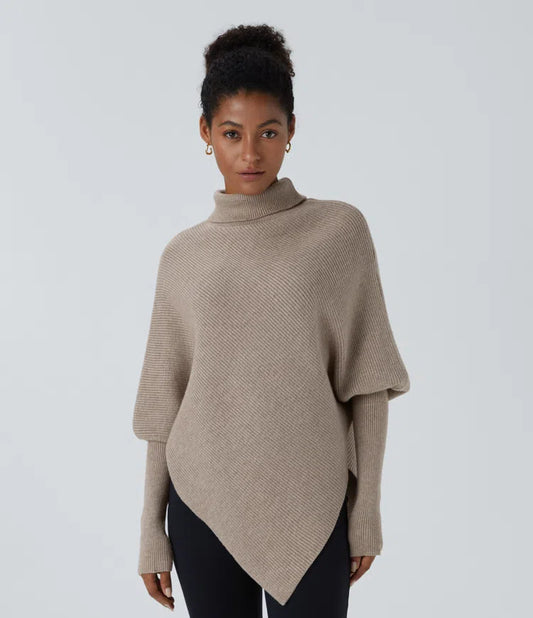 HIGH NECK LONG SLEEVE ASYMMETRIC HEM WORK SWEATER