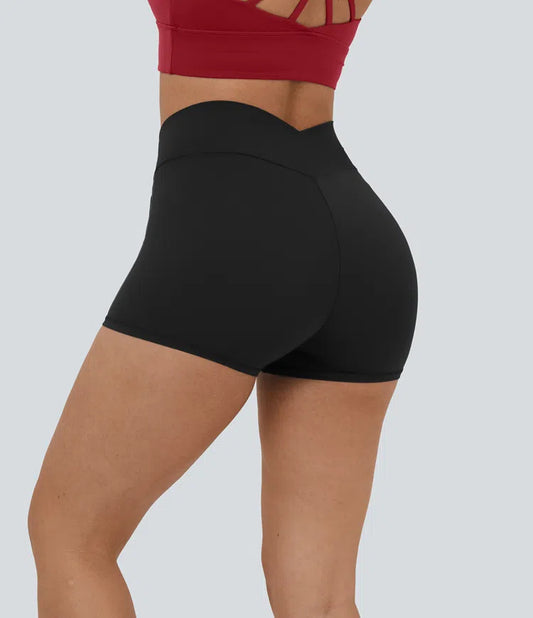 SOFTLY ZERO HIGH WAISTED CROSSOVER PLAIN YOGA BIKER SHORTS
