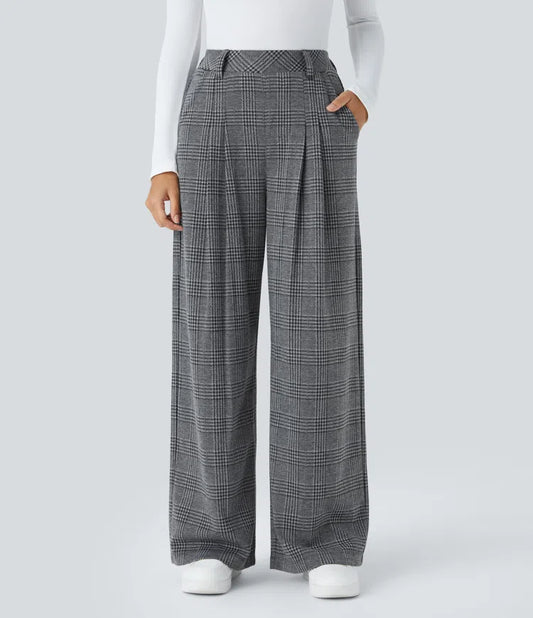HIGH WAISTED POCKET WIDE LEG HOUNDSTOOTH PLAID CASUAL PANTS