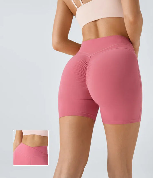 SOFTLY ZERO PLUSH HIGH WAISTED CROSSOVER RUCHED YOGA SHORTS