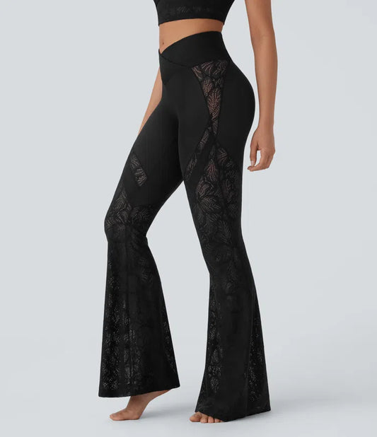 SOFTLY ZERO HIGH WAISTED CROSSOVER POCKET CONTRAST LACE FLARE YOGA LEGGINGS