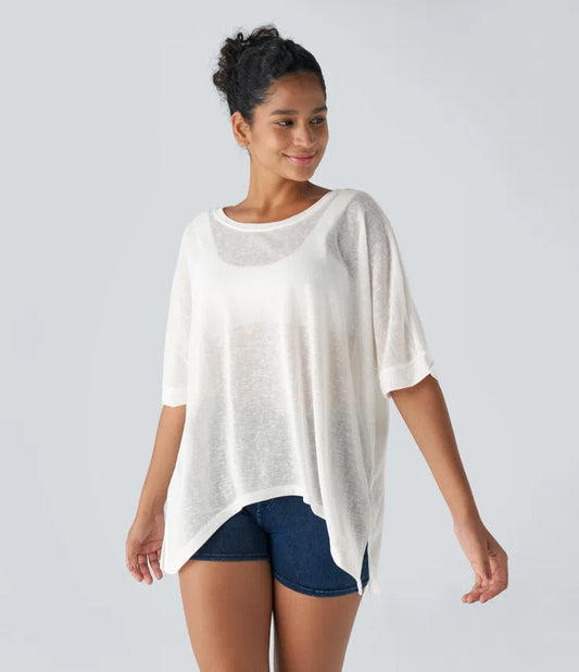 ASYMMETRIC HEM SHEER OVERSIZE CASUAL TOP