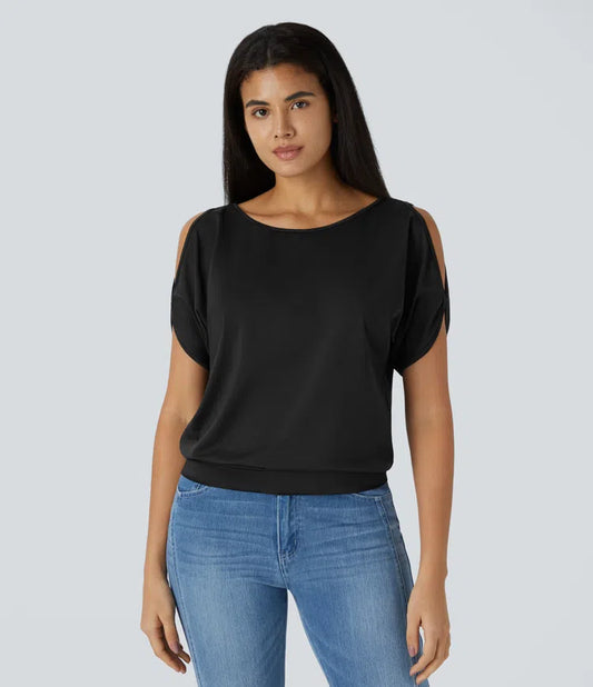BOAT NECK SHORT SLEEVE CUT OUT CASUAL T SHIRT