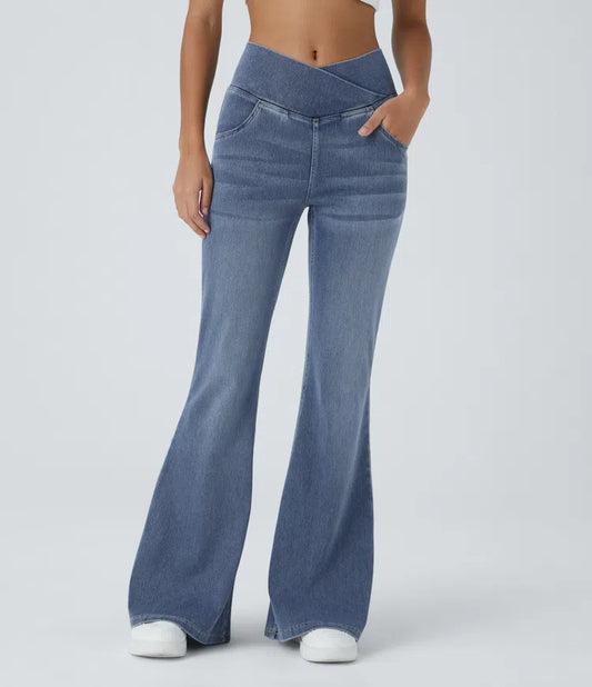 HALARA FLEX HIGH WAISTED CROSSOVER POCKET WASHED CASUAL FLARE JEANS