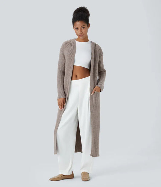 HOODED LONG SLEEVE POCKET LONGLINE CASUAL CARDIGAN