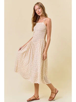 COTTON WILDFLOWER BODICE DROP WAIST MIDI DRESS