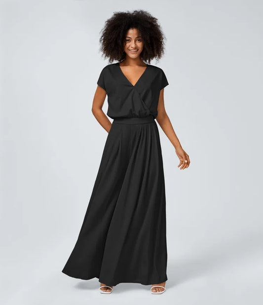 V NECK SHORT SLEEVE SIDE POCKET WIDE LEG FLOWY WAFFLE CASUAL JUMPSUIT