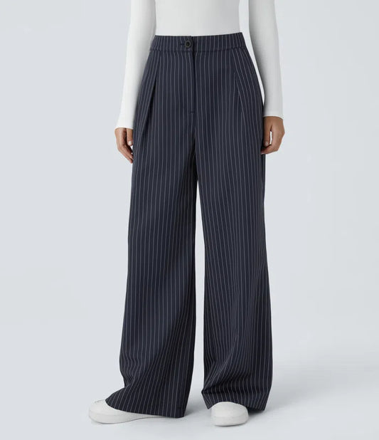 HIGH WAISTED ZIPPER POCKET WIDE LEG STRIPED WORK PANTS