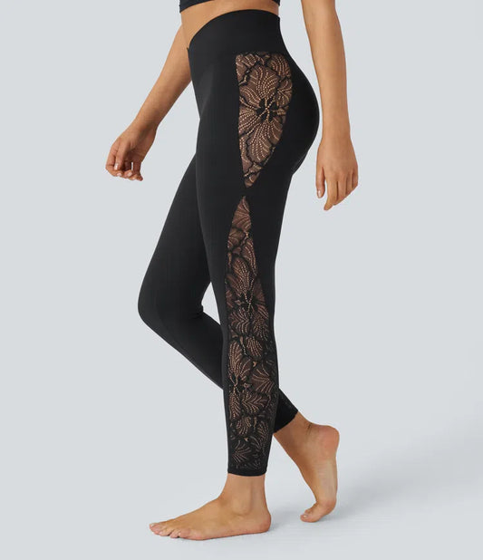 HIGH WAISTED CROSSOVER CONTRAST LACE POCKET YOGA LEGGINGS