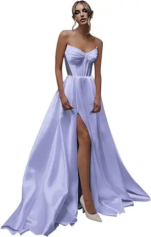 STRAPLESS SATIN DRESS WITH SLIT