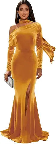 ONE SHOULDER LONG SLEEVE VELVET DRESS WITH SCARF