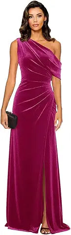 ONE SHOULDER VELVET DRESS WITH SLIT