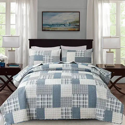 CHESITY 3 PIECE PLAID QUILT SET QUEEN