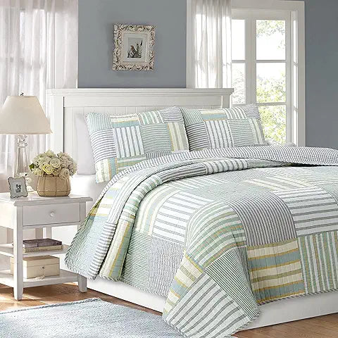 COZY LINE HOME FASHIONS GREEN YELLOW BLUE BLAID STRIPED REAL PATCHWORK 100% COTTON QUEEN