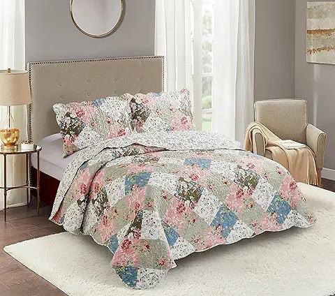 BRILLIANT SUNSHINE PEACH AND OLIVE FLOWERS PATCHWORK QUEEN