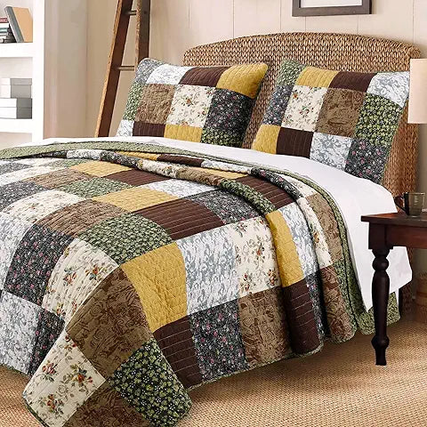COZY LINE HOME FASHIONS 100% COTTON HAND PIECING REAL PATCHWORK MUSTARD YELLOW COUNTRY FARMHOUSE QUILT BEDDING SET KING